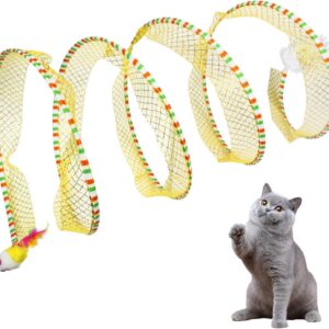 Andiker Cat Tunnel, S-Shape Collapsible Pet Interactive Play Toy with Feather Sisal Ball, Cat Tube Tunnel for Kitten Small Animals (Striped Yellow)