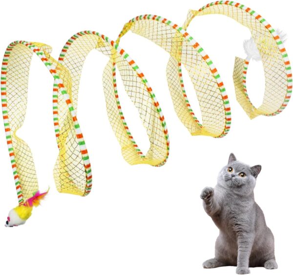 Andiker Cat Tunnel, S-Shape Collapsible Pet Interactive Play Toy with Feather Sisal Ball, Cat Tube Tunnel for Kitten Small Animals (Striped Yellow)