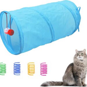 Andiker Cat Tunnel & 4 Cat Spring Toys, Collapsible Cat Toys for Indoor Cats Interactive Sound Paper Cat Cute Tube Toy with a Bell Toy & a Soft Ball, Colorful Spiral Springs for Cat, Rabbits (Blue)