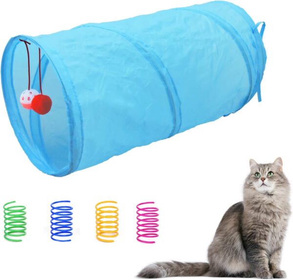 Andiker Cat Tunnel & 4 Cat Spring Toys, Collapsible Cat Toys for Indoor Cats Interactive Sound Paper Cat Cute Tube Toy with a Bell Toy & a Soft Ball, Colorful Spiral Springs for Cat, Rabbits (Blue)