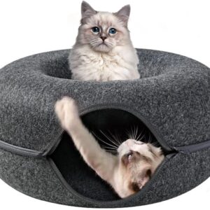 GNCLOUD Cat Tunnel Cave Cat Beds Felt Cat Caves Tunnel Interactive Cat Bed, Zipper Design Cat Tunnel Bed for Fun Cat Toy Hiding Tent Cats Kittens Pets House for Winter-Mediem, Dark Gray