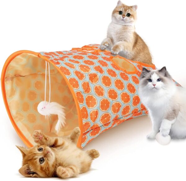 Cat Tunnels Bag for Indoor Cats, Cat Tube Tunnel Cat Pet Toys, Cat Tents Cat Crinkle Tunnel Toys, Collapsible Interactive Cat Drill Bag Pet Toy with Plush Ball Cat Self Interactive Toys(Orange)