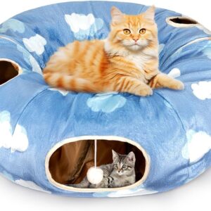 ipetstation Cat Tunnel Bed for Indoor Cats, Collapsible Cat Tunnel with Washable Mat, Cat Tunnel Bed with Hanging Ball and 2 Peepholes for 21LB Large Cats,Puppy, Rabbit, Ferret.