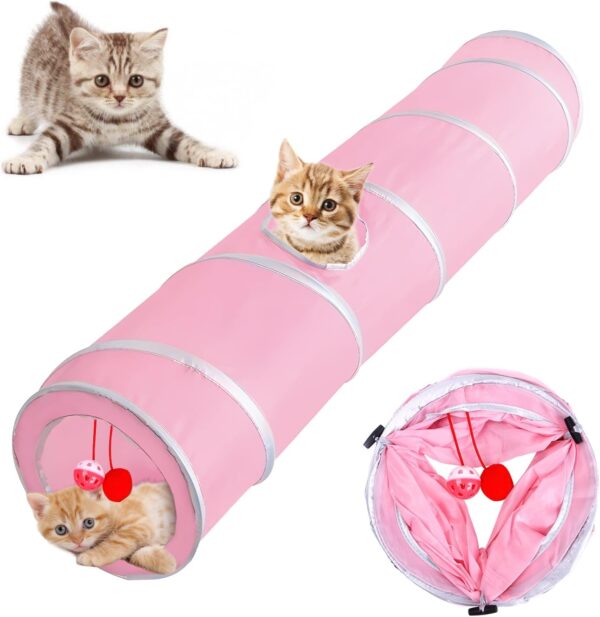 Yuehuamech Cat Tunnel Large Folding Cat Crinkle Tunnel with Ball and Hole Cat Tube Tunnel for Kitten Rabbits Bunnies Puppy Exercising Hiding Training Running Playing(pink)