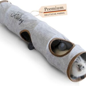 KaraLuna Premium Cat Tunnel 120 x 24 cm I 3 Peepholes & Play Balls I Cat Play Tunnel Foldable Cat Toy Cat Tunnel Rustling Tunnel Cave Roll Cat Tunnel Cat Grey Rabbit XXL