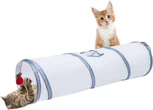 Sheldamy Cat Tunnel, 2-Way Cat Tunnels for Indoor Cats, Collapsible Cat Play Tunnel, Interactive Toy Maze Cat House with 1 Play Ball for Cats, Puppy, Kitty, Kitten, Rabbit (White & Grey)