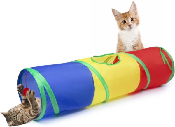 Sheldamy Cat Tunnel, 2-Way Cat Tunnels for Indoor Cats, Collapsible Cat Play Tunnel, Interactive Toy Maze Cat House with 1 Play Ball for Cats, Puppy, Kitty, Kitten, Rabbit (Rainbow)