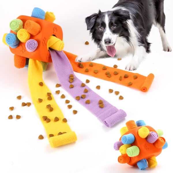 Yikko Interactive Snuffle Ball, Dog Chew Enrichment Toys, Treat Dispenser Slow Feeder Dog Puzzle Stimulation Toys for Small Medium Large Dogs, dice shape (Rainbow Orange)