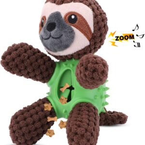 JYPS 4 in 1 Plush Dog Toy for Boredom, Stuffed Soft Puppy Chew Toy with Treat Dispenser, Squeaky Interactive Dog Toy for 8 weeks Small and Medium Dogs Teething (brown sloth)