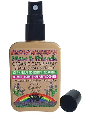 Front of Mew and Friends Catnip Spray bottle. Organic Catnip Spray. Shake Spray and Enjoy