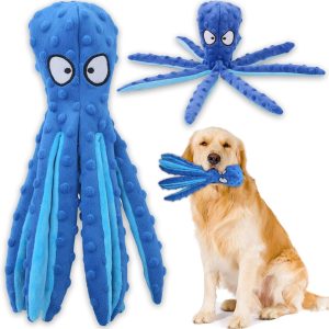 Acehome Squeaky Dog Interactive Play Toy,No Stuffing Octopus Dog Chew Toy with Crinkle Paper for Medium and Large Dog Playing (Blue)