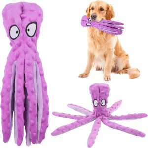 RAYITO Octopus Dog Toys, No Stuffing Squeaky Dog Toys Interactive Octopus Dog Chew Toys with Crinkle Paper for Small Medium Dogs Playing and Training (Purple)