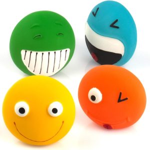 CHIWAVA 4 Pack 3.2" Small Dog Toys for Interactive Dogs Latex Rubber Flat Smile Balls Squeeze Squeaky Toy Fetch Play