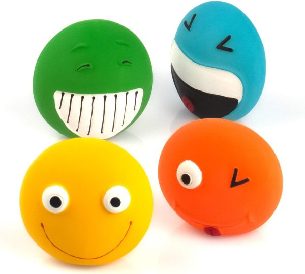 CHIWAVA 4 Pack 3.2" Small Dog Toys for Interactive Dogs Latex Rubber Flat Smile Balls Squeeze Squeaky Toy Fetch Play