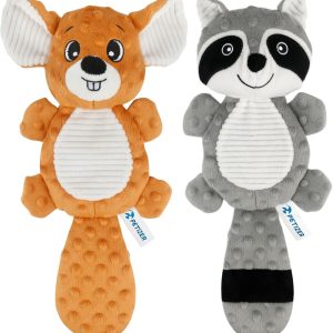 petizer Plush Squeaky Dog Toys, Crinkle Dog Chew Toys, Interactive Toys for Puppies, Small, Medium and Large Dogs, Cute Squirrel and Raccoon, 2 Pack