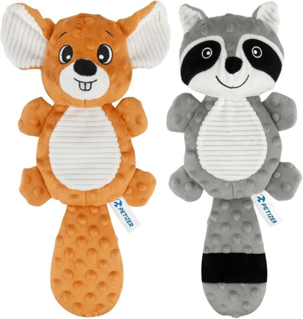 petizer Plush Squeaky Dog Toys, Crinkle Dog Chew Toys, Interactive Toys for Puppies, Small, Medium and Large Dogs, Cute Squirrel and Raccoon, 2 Pack