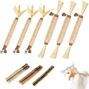 Nepfaivy Cat Toys Silvervine Sticks - 12 PCS Natural Cat Chew Sticks Toy for Indoor Cats Teeth Cleaning, Interactive Cat Nip Toy with Feather and Bell, Dental Catnip Sticks for Kittens