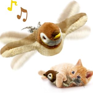 KreizyGo Cat Toys, Flapping Wings Sparrow Catnip Toys, Vivid Chirping, Simulation Bird Interactive Cat Toy for Kitten Kitty Exercise, Fluffy Plush Dog Toys, Touch Activated, Rechargeable