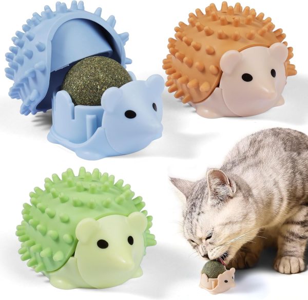 PetGens Catnip Balls Toys for Cats Licking, Catnip Roller Ball for Wall Cat Nip Toys for Indoor Cats Aadult Teeth Cleaning Dental Kitten Toy, Cat Self Groomer, Hedgehog Shaped (3PCS)