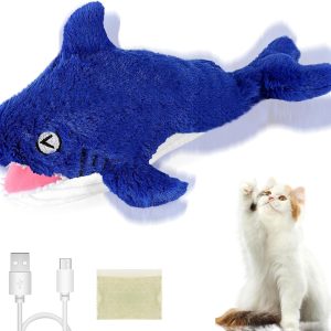 LTXDJ Cat Toys for Indoor Cats, Flopping Fish Plush Catnip Toys Interactive Chew Toy for Cats Kitten Small Dogs, Rechargeable Cat Toy Motion Floppy Fish Cat Kicker 11" (Blue Shark)