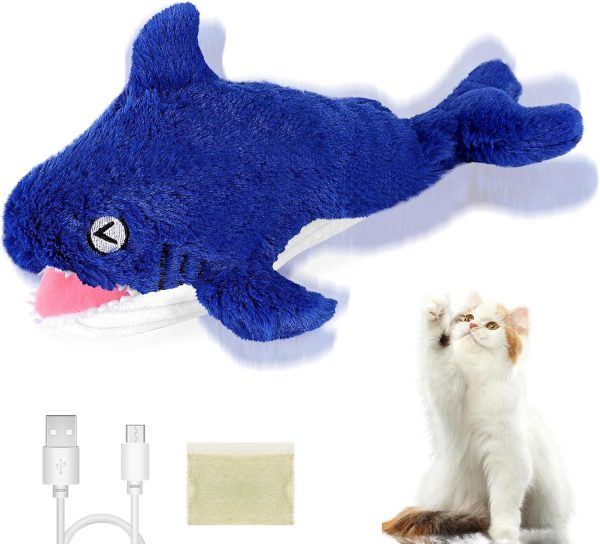 LTXDJ Cat Toys for Indoor Cats, Flopping Fish Plush Catnip Toys Interactive Chew Toy for Cats Kitten Small Dogs, Rechargeable Cat Toy Motion Floppy Fish Cat Kicker 11" (Blue Shark)