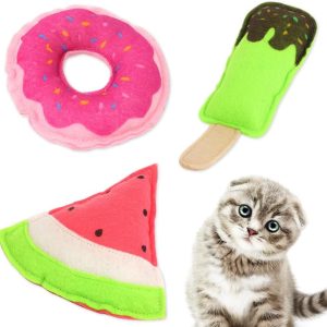 Geluode Cat Toy,Cats Plush Chew Toy 3 PCS,Donut Watermelon Ice Cream Catnip Kitten Toys For Summer Holiday Interactive Cat Playing Chewing Teeth Cleaning