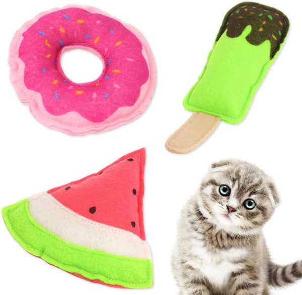 Geluode Cat Toy,Cats Plush Chew Toy 3 PCS,Donut Watermelon Ice Cream Catnip Kitten Toys For Summer Holiday Interactive Cat Playing Chewing Teeth Cleaning