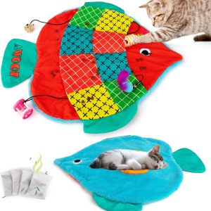 Cat Mat, Cute Soft Catnip Mat, Cat Activity Mat Machine Washable Cat Blanket for Small Medium Large Cats with 7 Pockets, Crinkle Paper Self-Warming Kitty Carpet Interactive Catnip Toys (New Version)