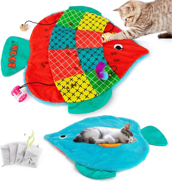 Cat Mat, Cute Soft Catnip Mat, Cat Activity Mat Machine Washable Cat Blanket for Small Medium Large Cats with 7 Pockets, Crinkle Paper Self-Warming Kitty Carpet Interactive Catnip Toys (New Version)