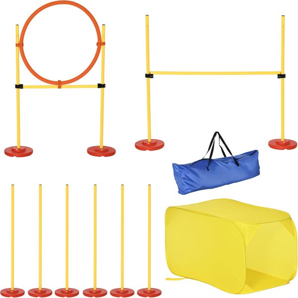 PawHut Portable Pet Agility Training Obstacle Set for Dogs w/Adjustable High Jumping Pole, Jumping Ring, Turnstile poles, Tunnel