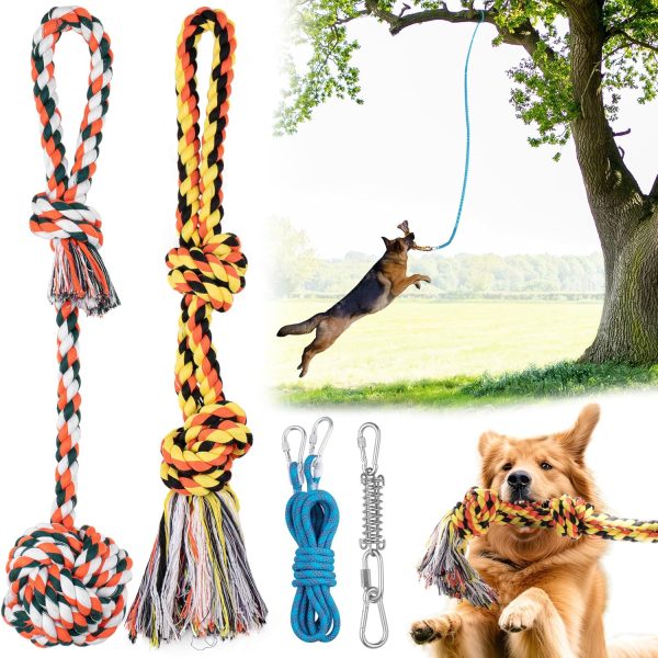 YES4QUALITY Dog Outdoor Bungee Hanging Toy, Blue Interactive Tug Toy Rope w/Metal Spring Kit & 2 Rope Toys, Heavy-Duty Exercise Equipment for Medium & Large Dogs, Tether Tug of War Dog Toys