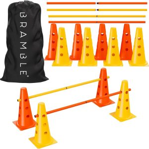 Bramble - Adjustable Height Speed Agility Hurdles Set - 12 Cones 15" & 6 Training Poles 40" - Use as Exercise Jumping Hurdles for Kids, Football Agility Poles, or as Dog Agility Equipment