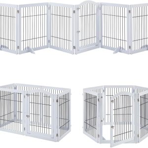 unipaws Extra Wide Dog Gate, Pet Playpen with Wooden Construction and Wire, 6 Panels Freestanding Walk Through Pet Gate with 4 Support Feet, Foldable Pet Exercise Pen, White