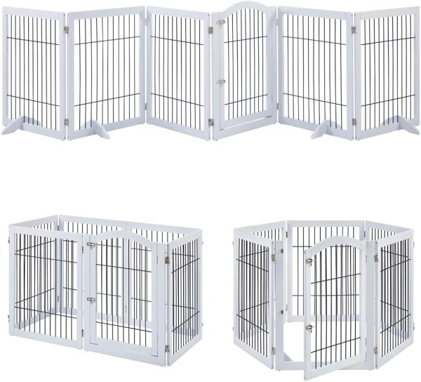 unipaws Extra Wide Dog Gate, Pet Playpen with Wooden Construction and Wire, 6 Panels Freestanding Walk Through Pet Gate with 4 Support Feet, Foldable Pet Exercise Pen, White