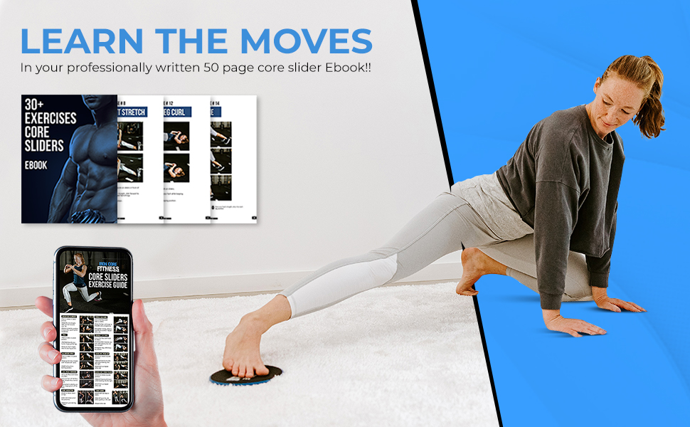 Woman exercising with Iron Core Fitness core sliders that come with core sliders ebook