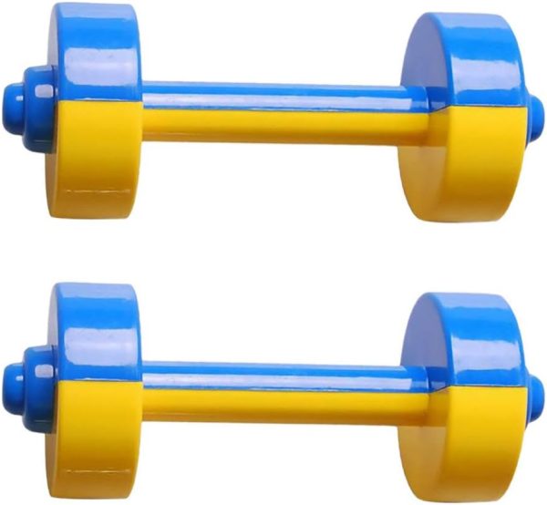 TOYANDONA 1 Pair Kids Dumbbells Toy Plastic Hand Barbells Gym Morning Exercise Fitness Sport Toy Pet Chew Toy For Children Toddlers (Blue+Yellow)