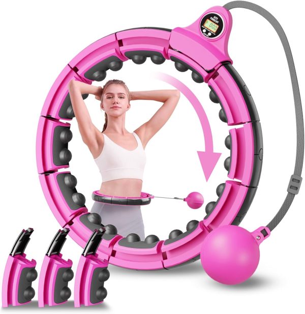 Smart Hula Hoop with Weight Ball,Adults Weight Loss Hula Hoop with Magnet Massage Nodes/Intelligent LED Counter/Silent Wheels Removable Hoola Hoops at Home Workout Stomach Exercise Equipment