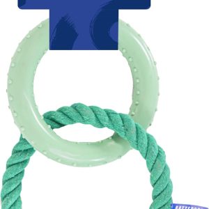 Rosewood Battersea Rope & Rubber Rings, Tug Dog Toy, 13cm x 20cm,Green