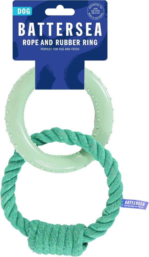 Rosewood Battersea Rope & Rubber Rings, Tug Dog Toy, 13cm x 20cm,Green