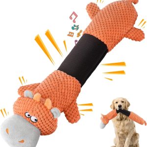 PAWSPURR Squeaky Dog Toys for Large Dogs, Plush Stuffed Dog Toys Interactive Tug of War Dog Toys with Crinkle Paper (Stretchy Cow)