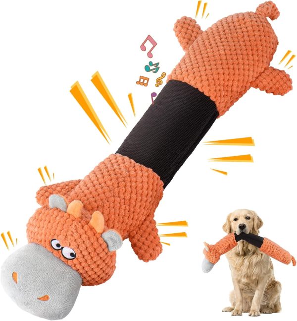 PAWSPURR Squeaky Dog Toys for Large Dogs, Plush Stuffed Dog Toys Interactive Tug of War Dog Toys with Crinkle Paper (Stretchy Cow)