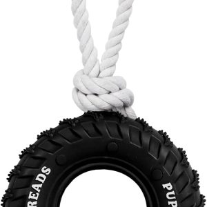 SCHITEC Dog Chew Toy with Rubber Tire & Tug of War Rope for Medium Large Dogs Aggressive Chewers, Interactive Fetch Play Treat Dispenser Pull Toys (Black)