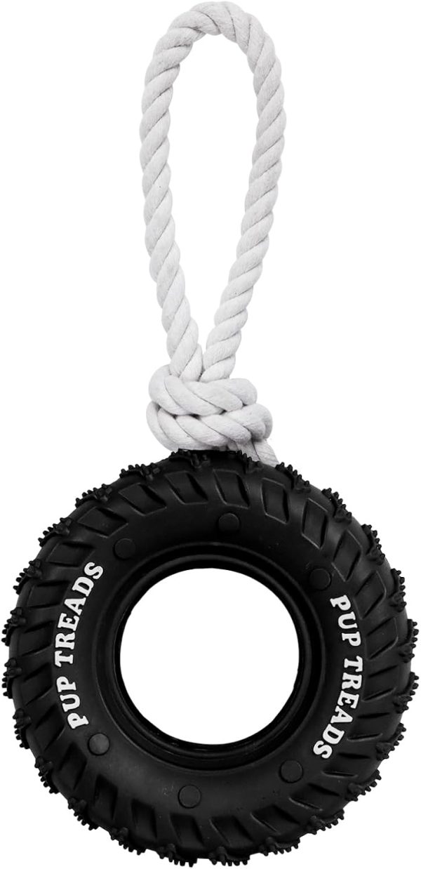 SCHITEC Dog Chew Toy with Rubber Tire & Tug of War Rope for Medium Large Dogs Aggressive Chewers, Interactive Fetch Play Treat Dispenser Pull Toys (Black)