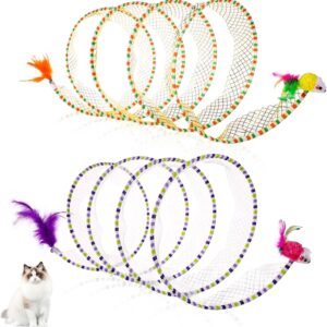 2pcs Cat Tunnels for Indoor Cats, Folded Cat Tunnel Spring 10in Large Size Cat Spiral Tunnel Toy with Feather and Mouse Toy for Pet Puppy Kitten Interactive Exercise (Striped Yellow, Purple)