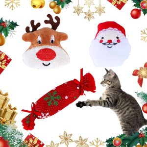 3 Pcs Cat Catnip Toys Christmas Cat Toys Soft Plush Interactive Cat Toys Cat Chew Toy Assorted Xmas Cartoon Santa Reindeer Candy Design Pet Toys Gift for Cats Kitten Pet Teeth Cleaning Playing Chewing