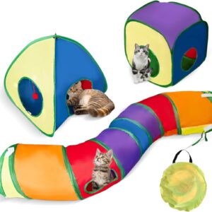 3 in 1 Rainbow Cat Tunnel Toy - Foldable Cats Play Tunnel Cube Tent, Cat Interactive Maze Toy, Tunnel Toy Gifts for Pets Kitten Puppy Rabbit Piggy Guinea Pig, Easy to Fold and Clean