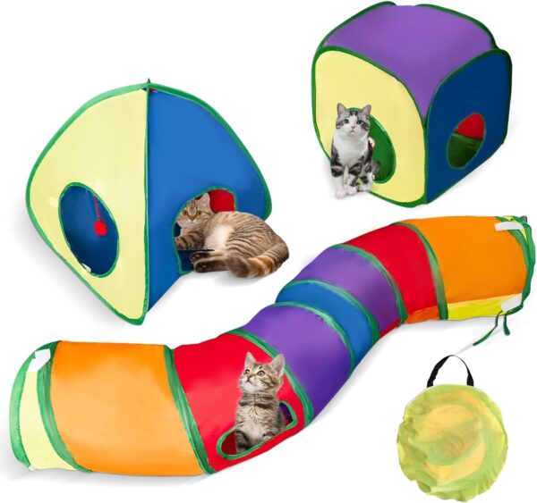 3 in 1 Rainbow Cat Tunnel Toy - Foldable Cats Play Tunnel Cube Tent, Cat Interactive Maze Toy, Tunnel Toy Gifts for Pets Kitten Puppy Rabbit Piggy Guinea Pig, Easy to Fold and Clean