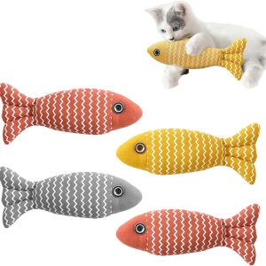 4 Pcs Catnip Toys Set, Cat Chew Toys, Interactive Cat Toys for Indoor Cats, Wavy Fish Toys, 19 * 8CM,Plush Cartoon Kitten TeethingToys for Cat Chewing, Playing(Brown, Yellow, Gray)