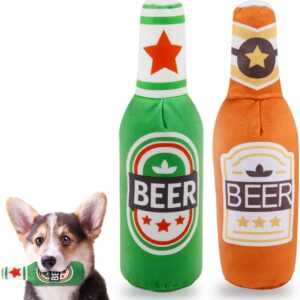 Adiwo Dog Beer Bottle Plush Toys, 2 Pack Pet Plush Squeaky Dog Toy, Champagne Shape Dog Squeaky Chew Toys, Interactive Comfort Doll Game Pets Birthday Toys for Small, Medium and Large Dogs