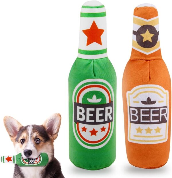 Adiwo Dog Beer Bottle Plush Toys, 2 Pack Pet Plush Squeaky Dog Toy, Champagne Shape Dog Squeaky Chew Toys, Interactive Comfort Doll Game Pets Birthday Toys for Small, Medium and Large Dogs